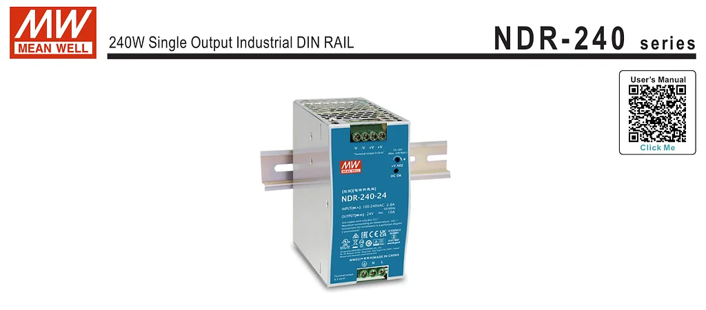 Meanwell - 240W, 24V, IP20, Single Output Industrial DIN RAIL Power Supply P/N : NDR-240-24